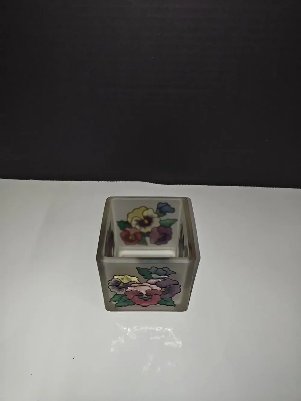 Vintage Joan Baker Designs Candle Holder Flowers Hand Painted Pansies Glass Deco